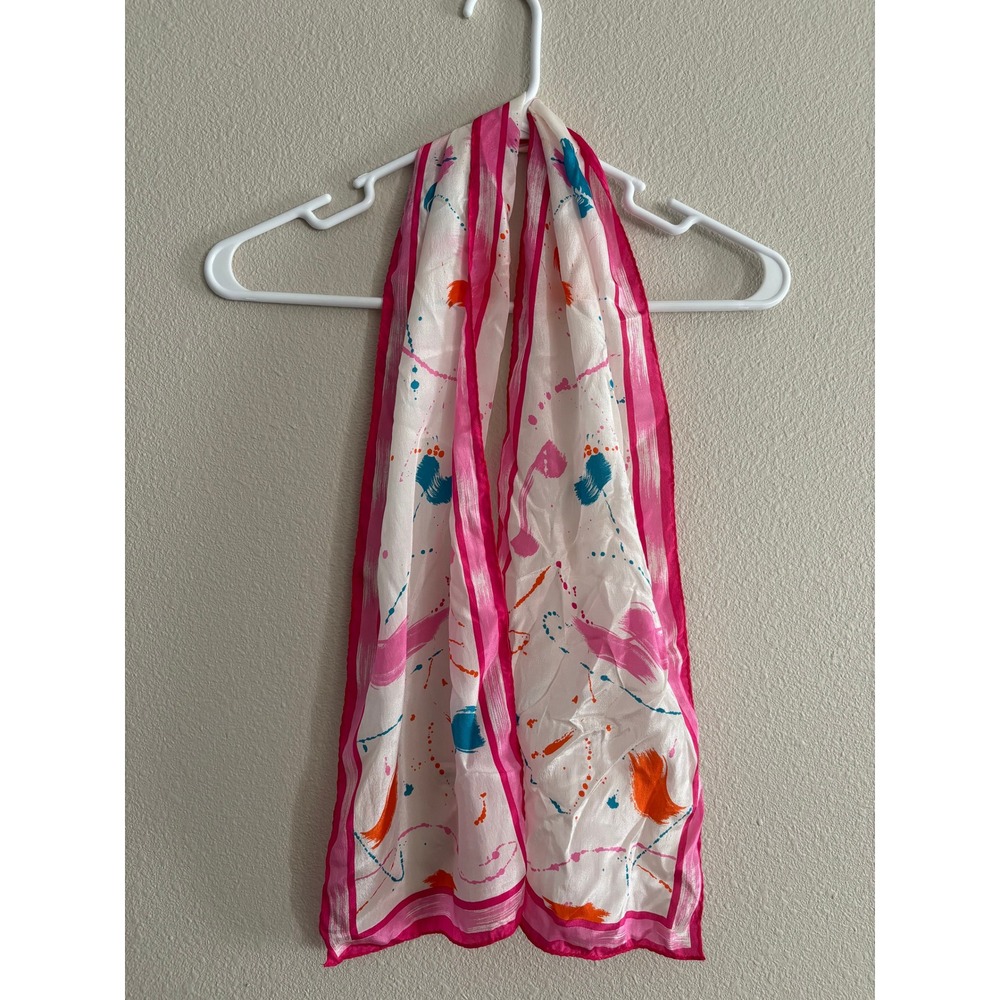 Vintage Elorian 100% Silk Neck Scarf White Pink Abstract Paint Japan Art to Wear
